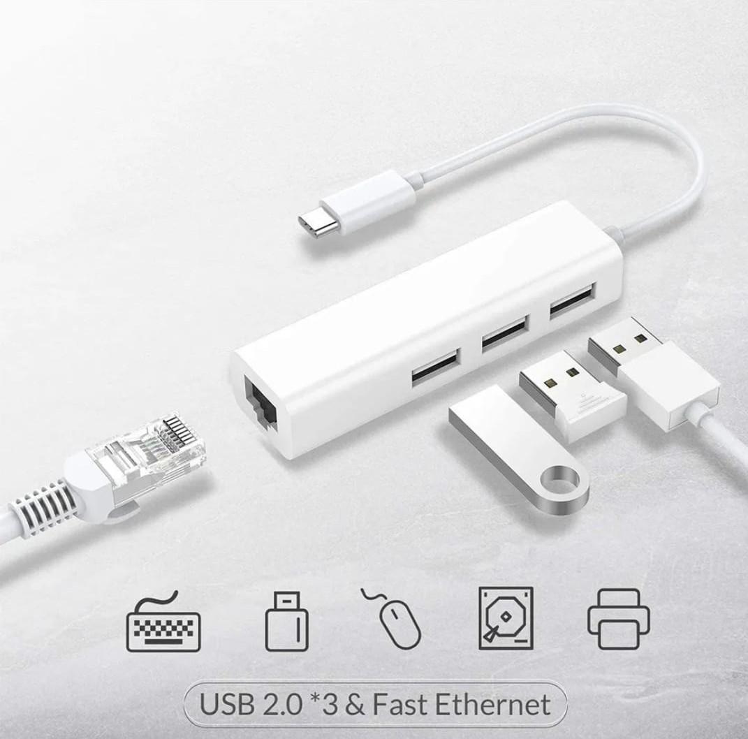 Adaptador Usb C a 3 puertos Usb 2.0 con adaptador de red Ethernet Rj45